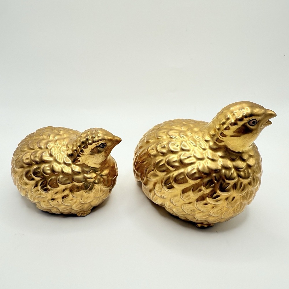 Vintage OMC Otagiri Kutani Style Porcelain Quail Birds Pair Gold Dipped Signed